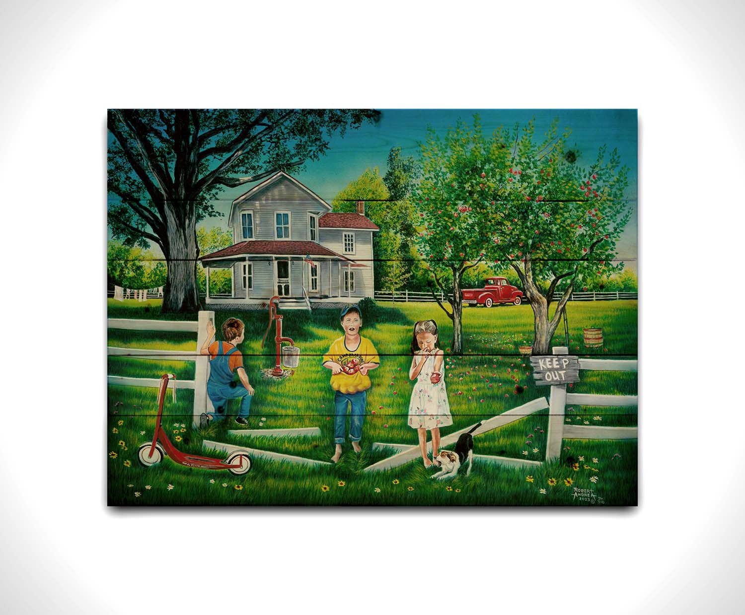 A painting of a group of children sneaking through a broken fence to pick apples off a tree in someone's yard. Printed on a wood pallet.