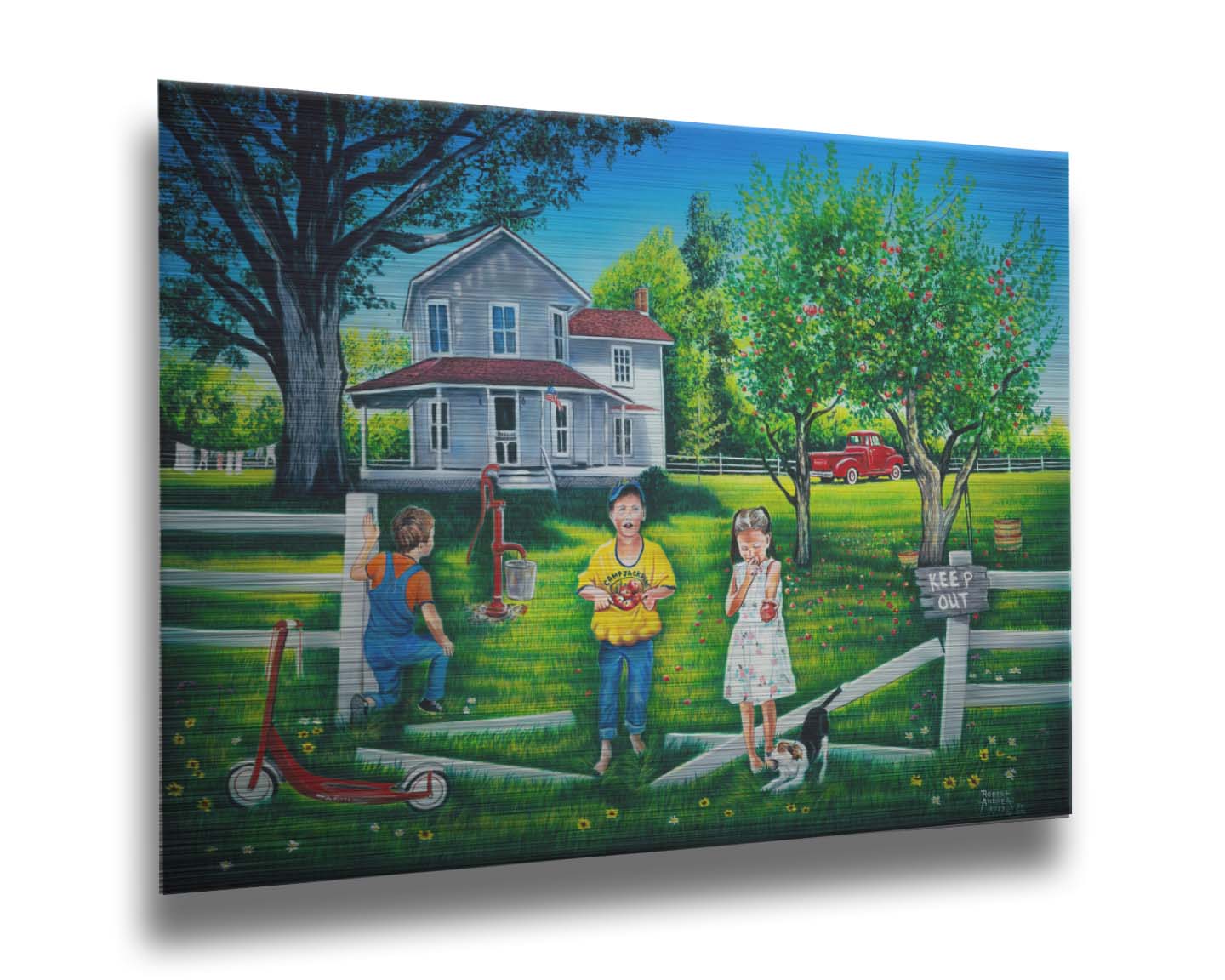 A painting of a group of children sneaking through a broken fence to pick apples off a tree in someone's yard. Printed on metal.