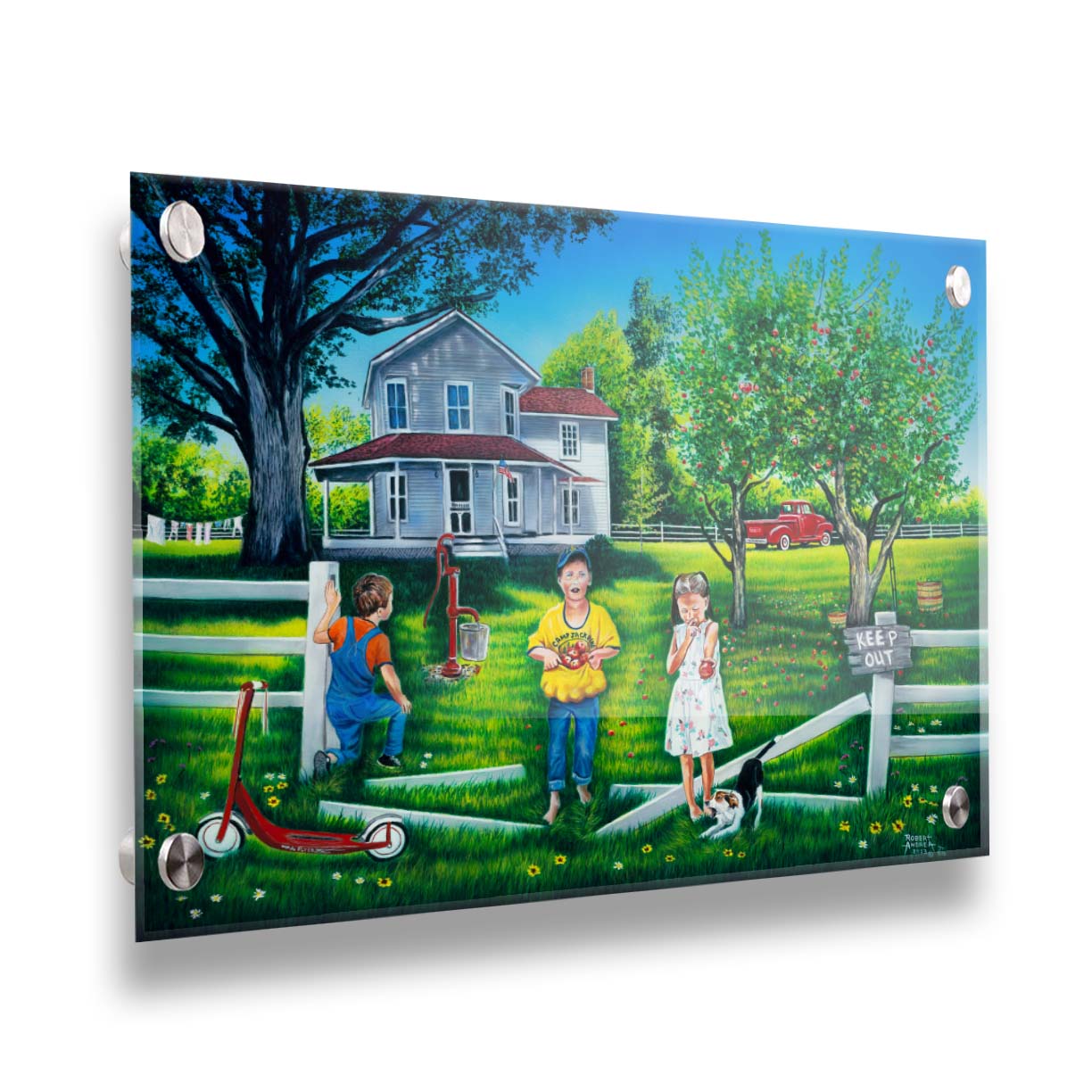 A painting of a group of children sneaking through a broken fence to pick apples off a tree in someone's yard. Printed on acrylic.