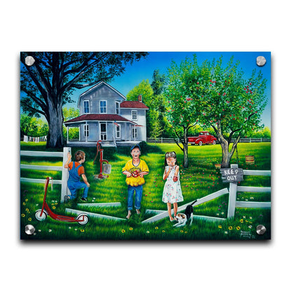 A painting of a group of children sneaking through a broken fence to pick apples off a tree in someone's yard. Printed on acrylic.