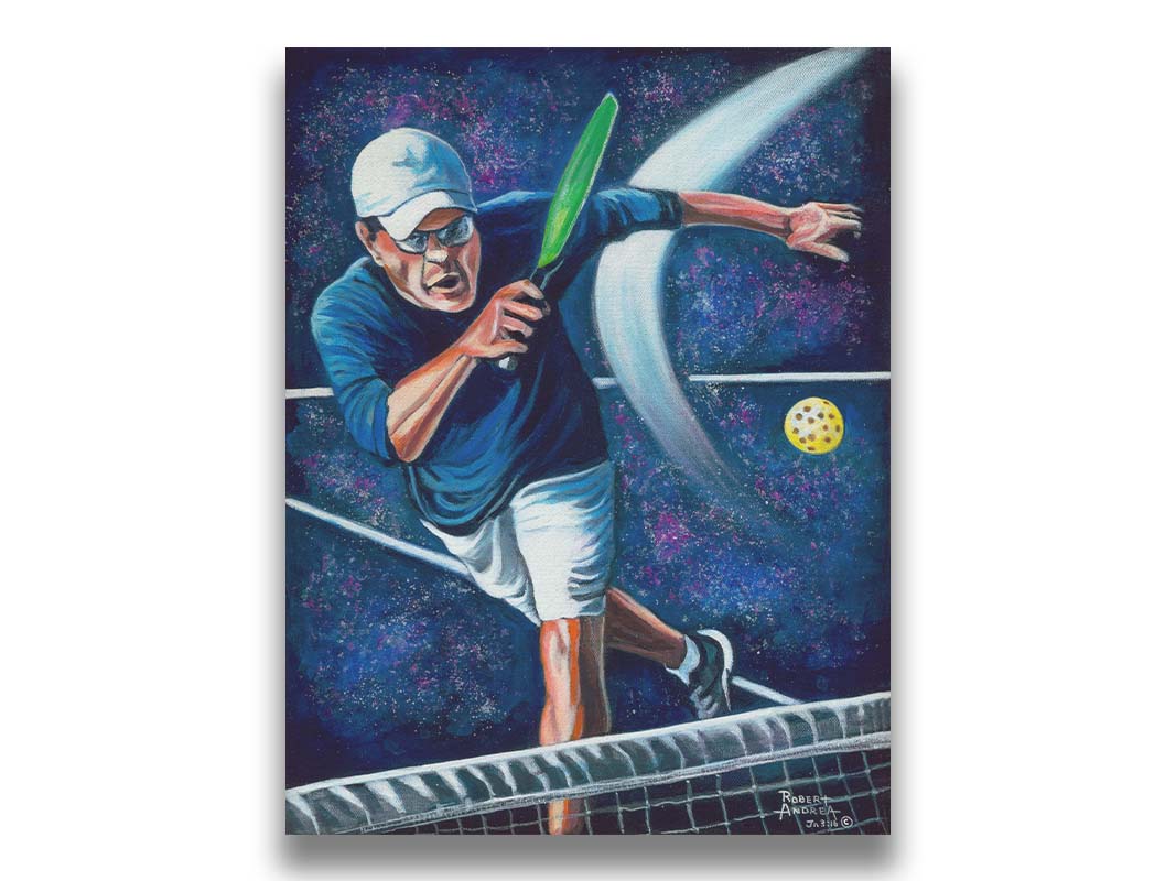 A painting of a man swinging a pickleball paddle, hitting the ball over the net. Printed on canvas.