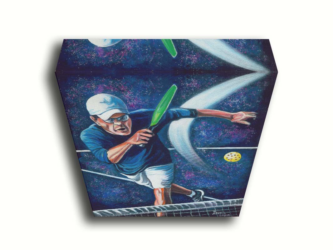 A painting of a man swinging a pickleball paddle, hitting the ball over the net. Printed on canvas.