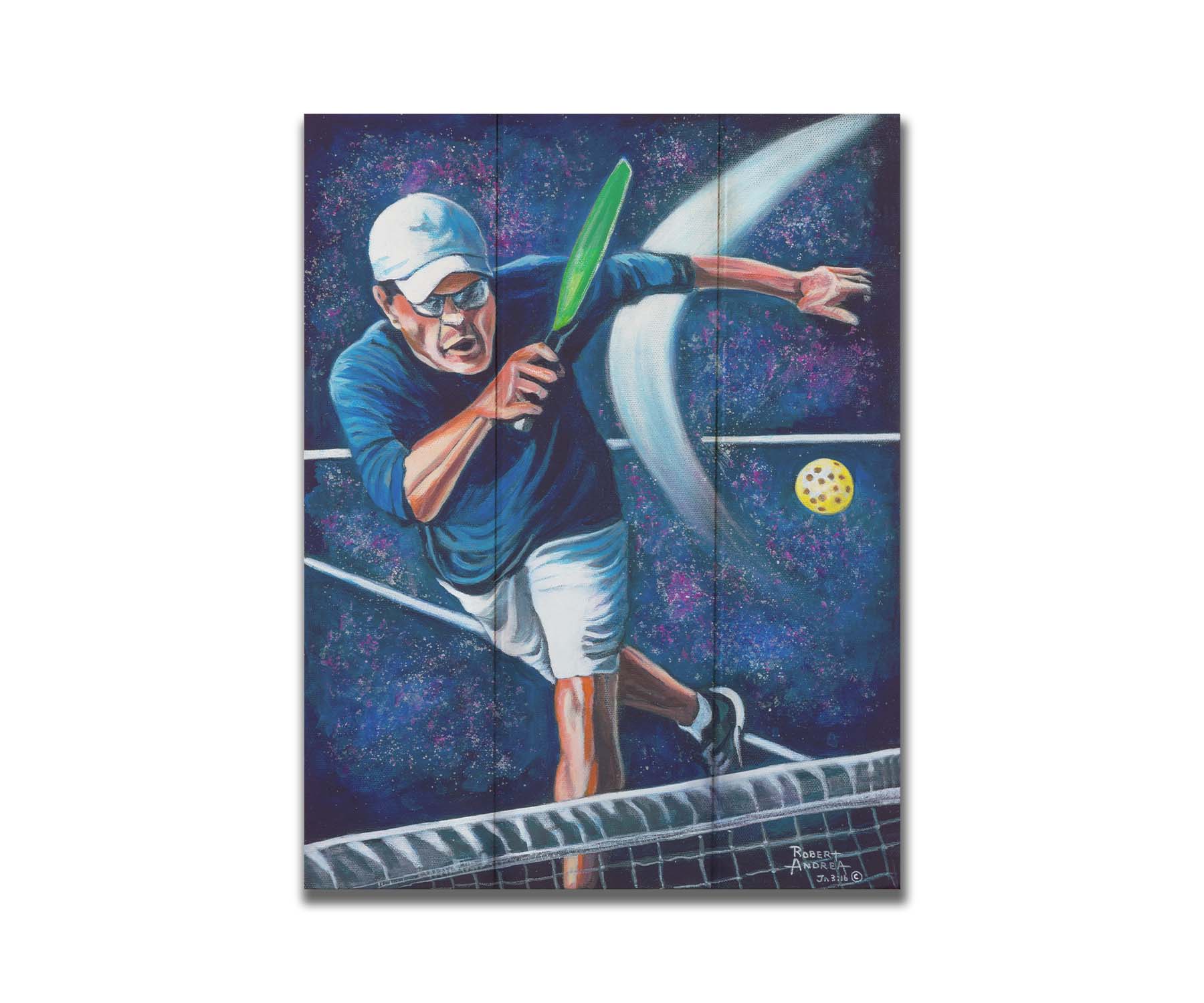 A painting of a man swinging a pickleball paddle, hitting the ball over the net. Printed on a box board.