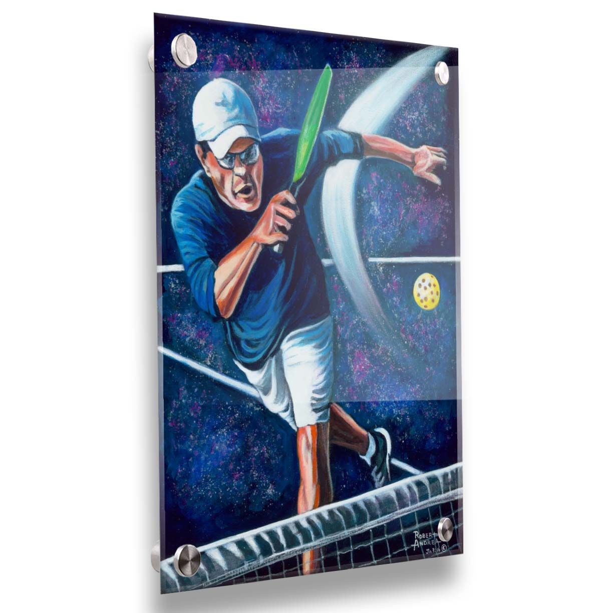 A painting of a man swinging a pickleball paddle, hitting the ball over the net. Printed on acrylic.