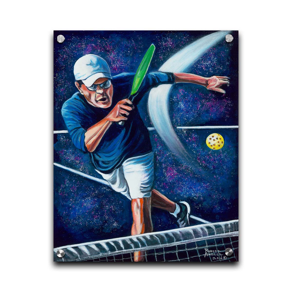 A painting of a man swinging a pickleball paddle, hitting the ball over the net. Printed on acrylic.