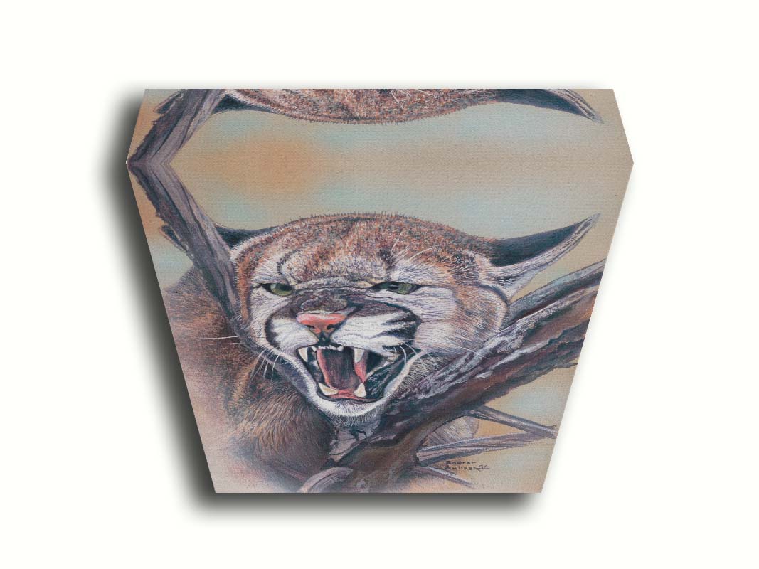 A painting of a snarling mountain lion peering through a tree. Printed on canvas.