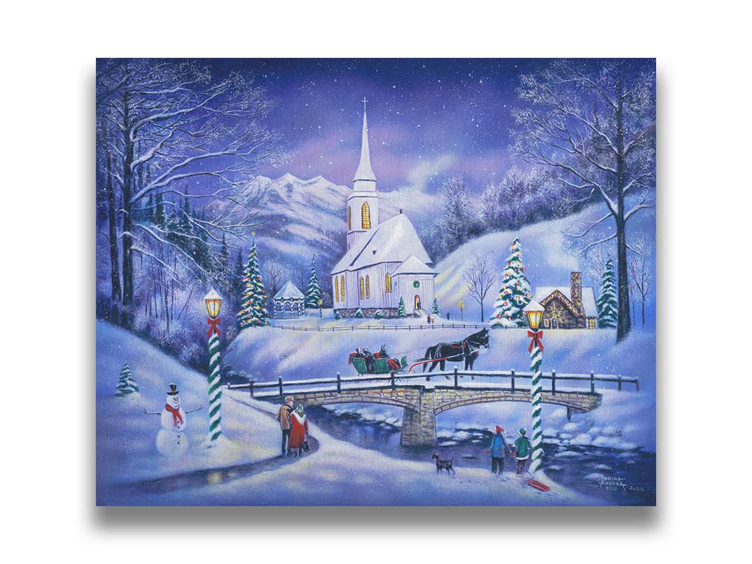 A painting of a snowy mountain town, decorated for Christmas. A tall church sits in the middle of town. A horse-drawn sleigh crosses a bridge over a freezing river. Printed on canvas.