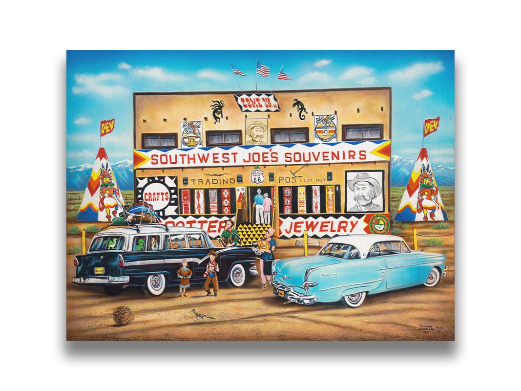 A painting of an American southwestern storefront. Several vintage cars packed for road trips are parked at the front of the souvenir shop. Printed on canvas.