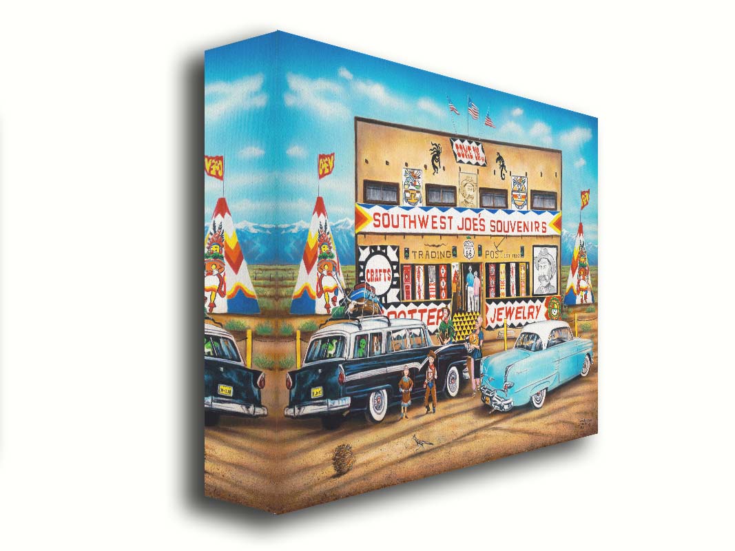 A painting of an American southwestern storefront. Several vintage cars packed for road trips are parked at the front of the souvenir shop. Printed on canvas.