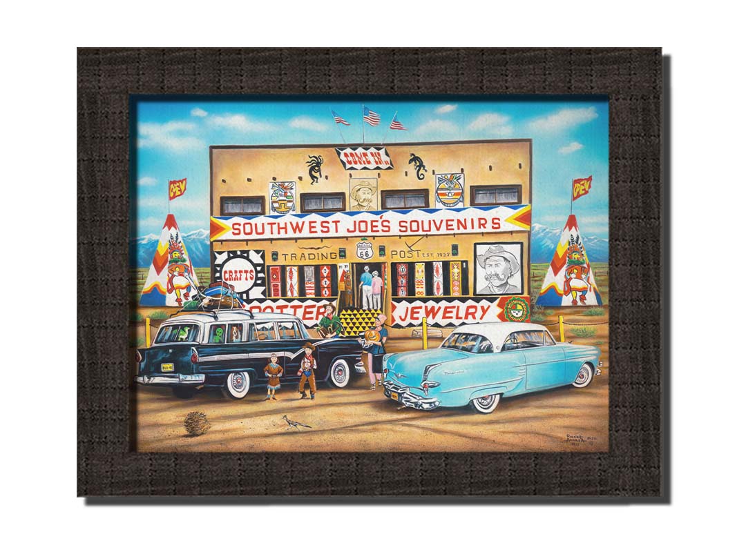 A painting of an American southwestern storefront. Several vintage cars packed for road trips are parked at the front of the souvenir shop. Printed on canvas and framed.