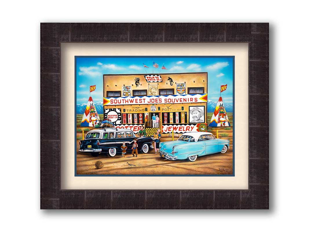 A painting of an American southwestern storefront. Several vintage cars packed for road trips are parked at the front of the souvenir shop. Printed on paper, matted, and framed.