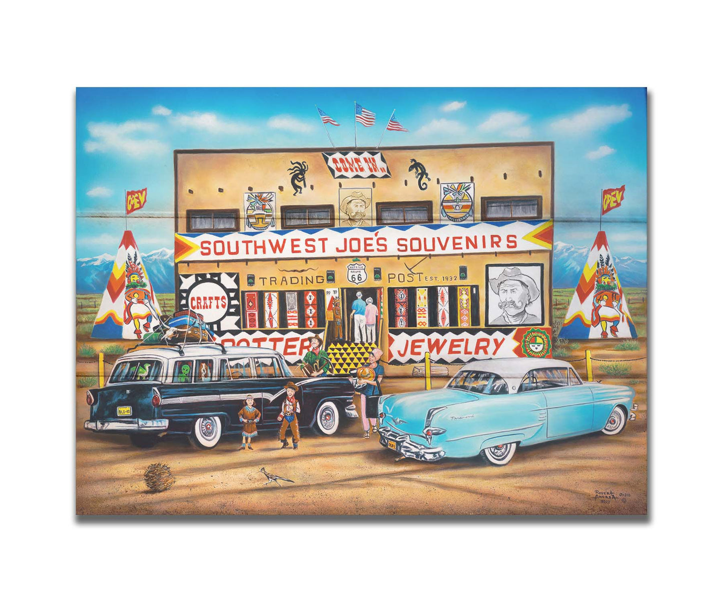 A painting of an American southwestern storefront. Several vintage cars packed for road trips are parked at the front of the souvenir shop. Printed on a box board.