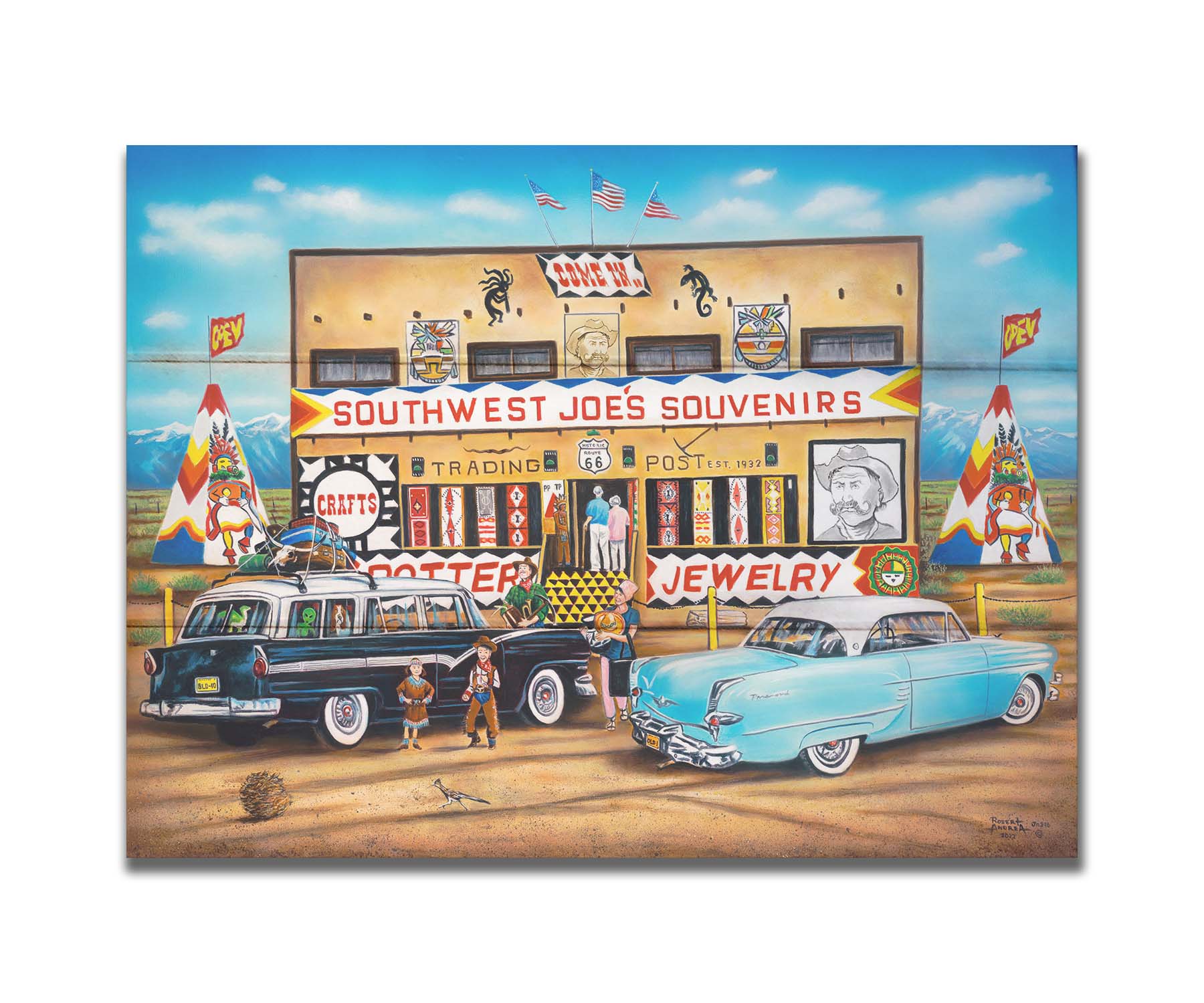 A painting of an American southwestern storefront. Several vintage cars packed for road trips are parked at the front of the souvenir shop. Printed on a box board.