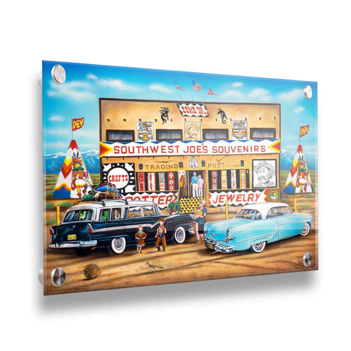 A painting of an American southwestern storefront. Several vintage cars packed for road trips are parked at the front of the souvenir shop. Printed on acrylic.