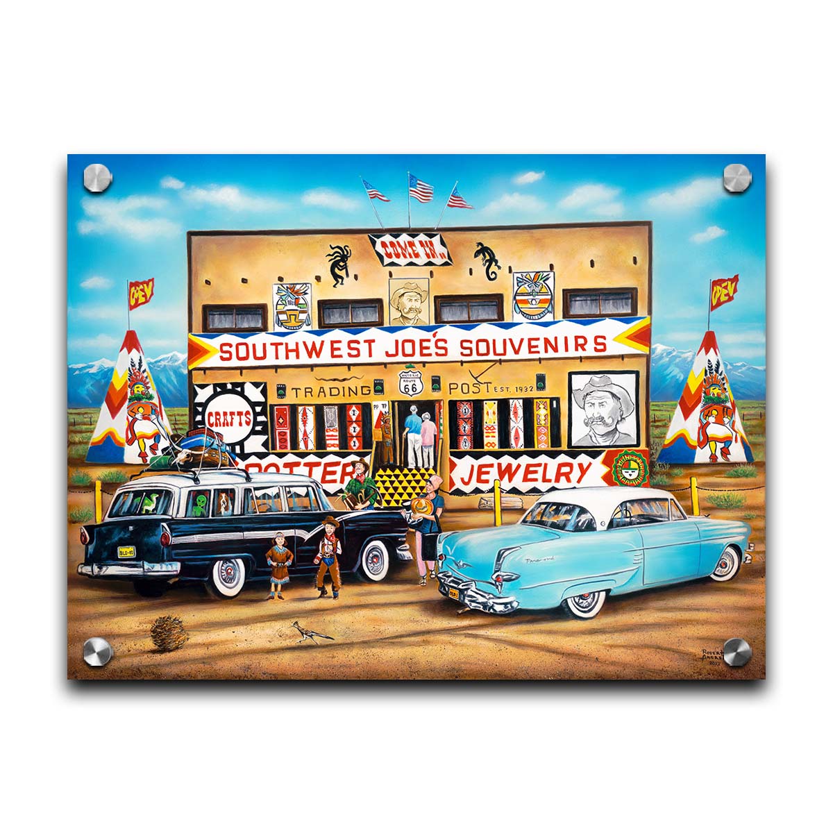 A painting of an American southwestern storefront. Several vintage cars packed for road trips are parked at the front of the souvenir shop. Printed on acrylic.