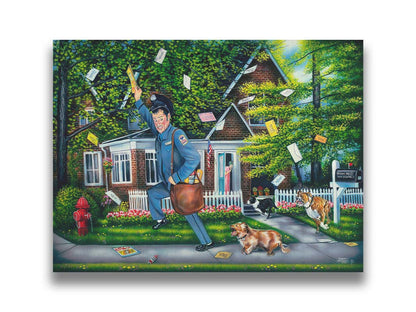 A humorous painting of a mailman fleeing a house, pursued by three dogs. Their owner can be seen in the background, trying to recall the dogs. The mailman frantically grabs letters from the air, as they have gone flying through the air as he runs. Printed on canvas.