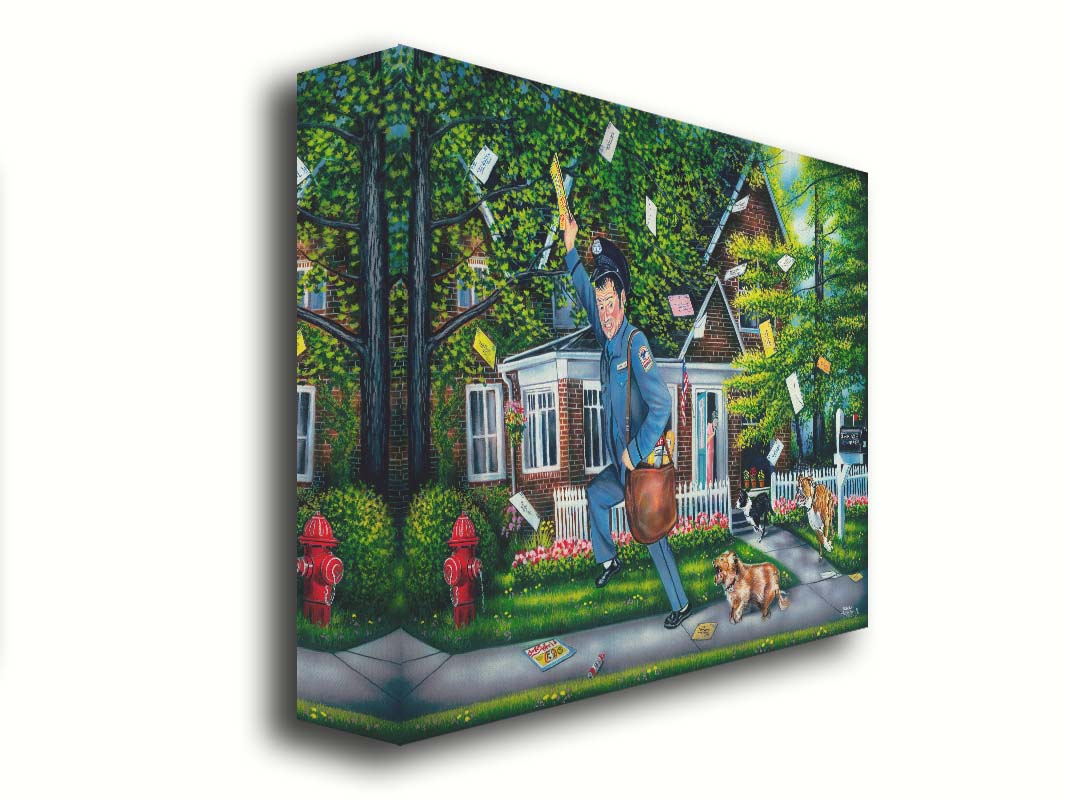 A humorous painting of a mailman fleeing a house, pursued by three dogs. Their owner can be seen in the background, trying to recall the dogs. The mailman frantically grabs letters from the air, as they have gone flying through the air as he runs. Printed on canvas.