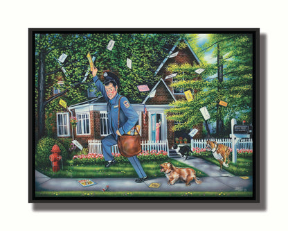 A humorous painting of a mailman fleeing a house, pursued by three dogs. Their owner can be seen in the background, trying to recall the dogs. The mailman frantically grabs letters from the air, as they have gone flying through the air as he runs. Printed on canvas in a float frame.