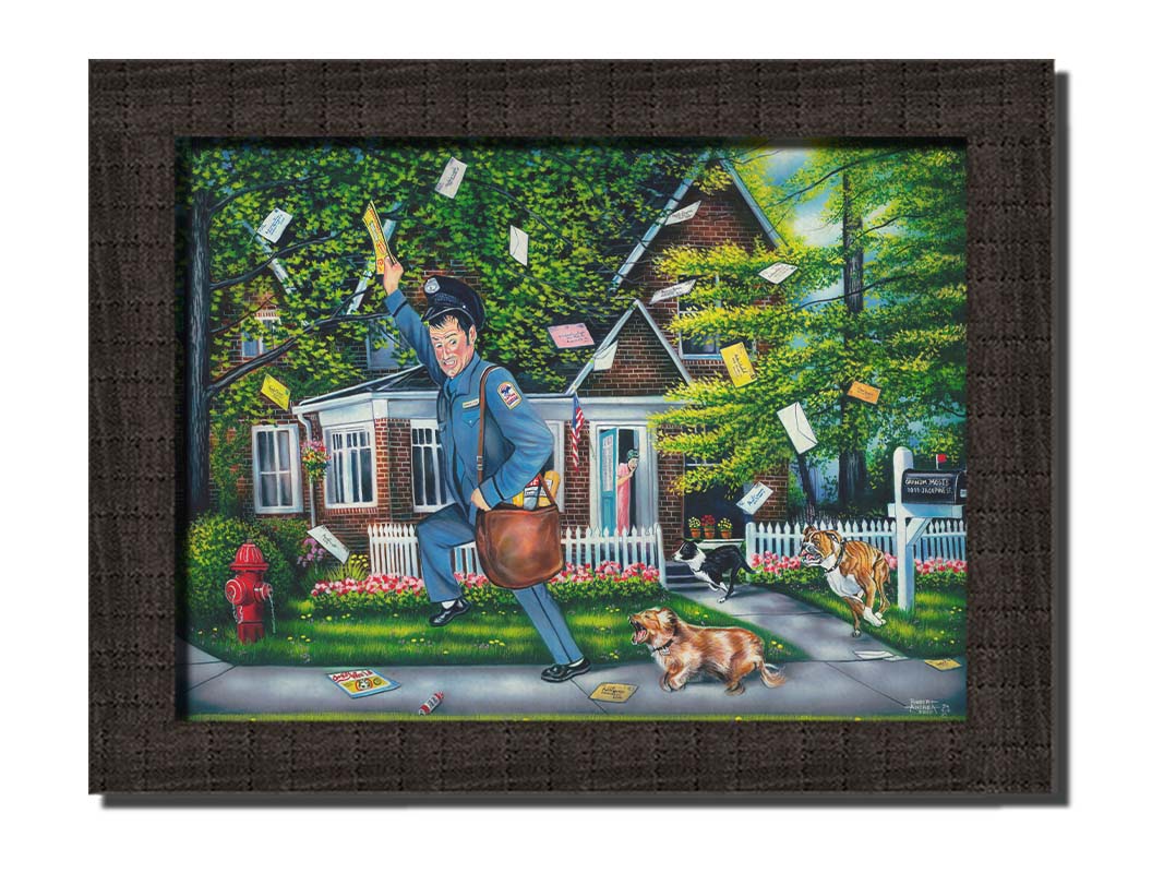 A humorous painting of a mailman fleeing a house, pursued by three dogs. Their owner can be seen in the background, trying to recall the dogs. The mailman frantically grabs letters from the air, as they have gone flying through the air as he runs. Printed on canvas and framed.