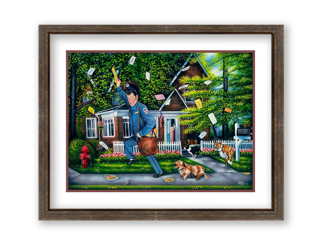 A humorous painting of a mailman fleeing a house, pursued by three dogs. Their owner can be seen in the background, trying to recall the dogs. The mailman frantically grabs letters from the air, as they have gone flying through the air as he runs. Printed on paper, matted, and framed.