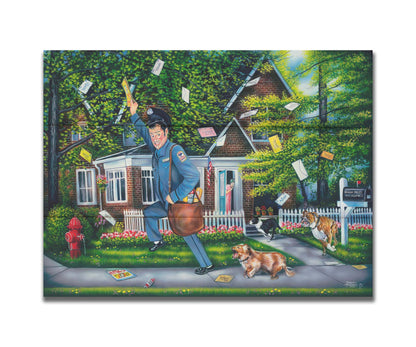 A humorous painting of a mailman fleeing a house, pursued by three dogs. Their owner can be seen in the background, trying to recall the dogs. The mailman frantically grabs letters from the air, as they have gone flying through the air as he runs. Printed on a box board.