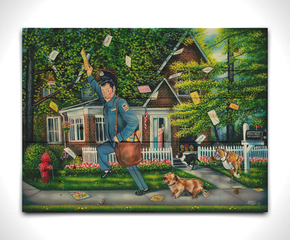 A humorous painting of a mailman fleeing a house, pursued by three dogs. Their owner can be seen in the background, trying to recall the dogs. The mailman frantically grabs letters from the air, as they have gone flying through the air as he runs. Printed on a wood pallet.