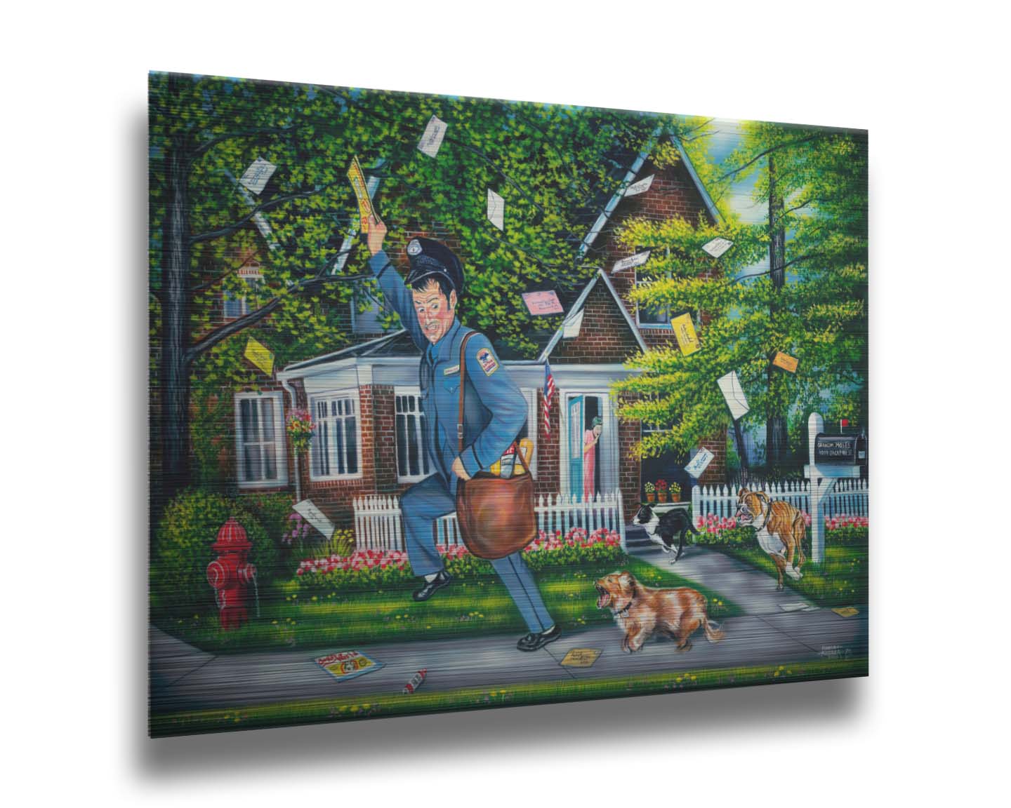 A humorous painting of a mailman fleeing a house, pursued by three dogs. Their owner can be seen in the background, trying to recall the dogs. The mailman frantically grabs letters from the air, as they have gone flying through the air as he runs. Printed on metal.