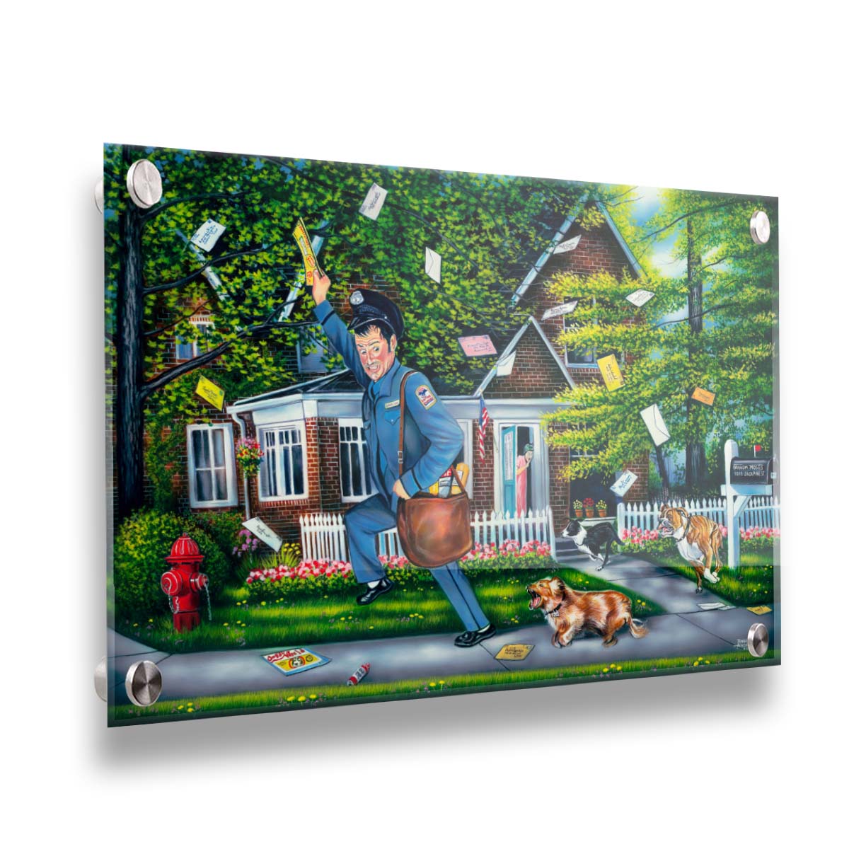 A humorous painting of a mailman fleeing a house, pursued by three dogs. Their owner can be seen in the background, trying to recall the dogs. The mailman frantically grabs letters from the air, as they have gone flying through the air as he runs. Printed on acrylic.