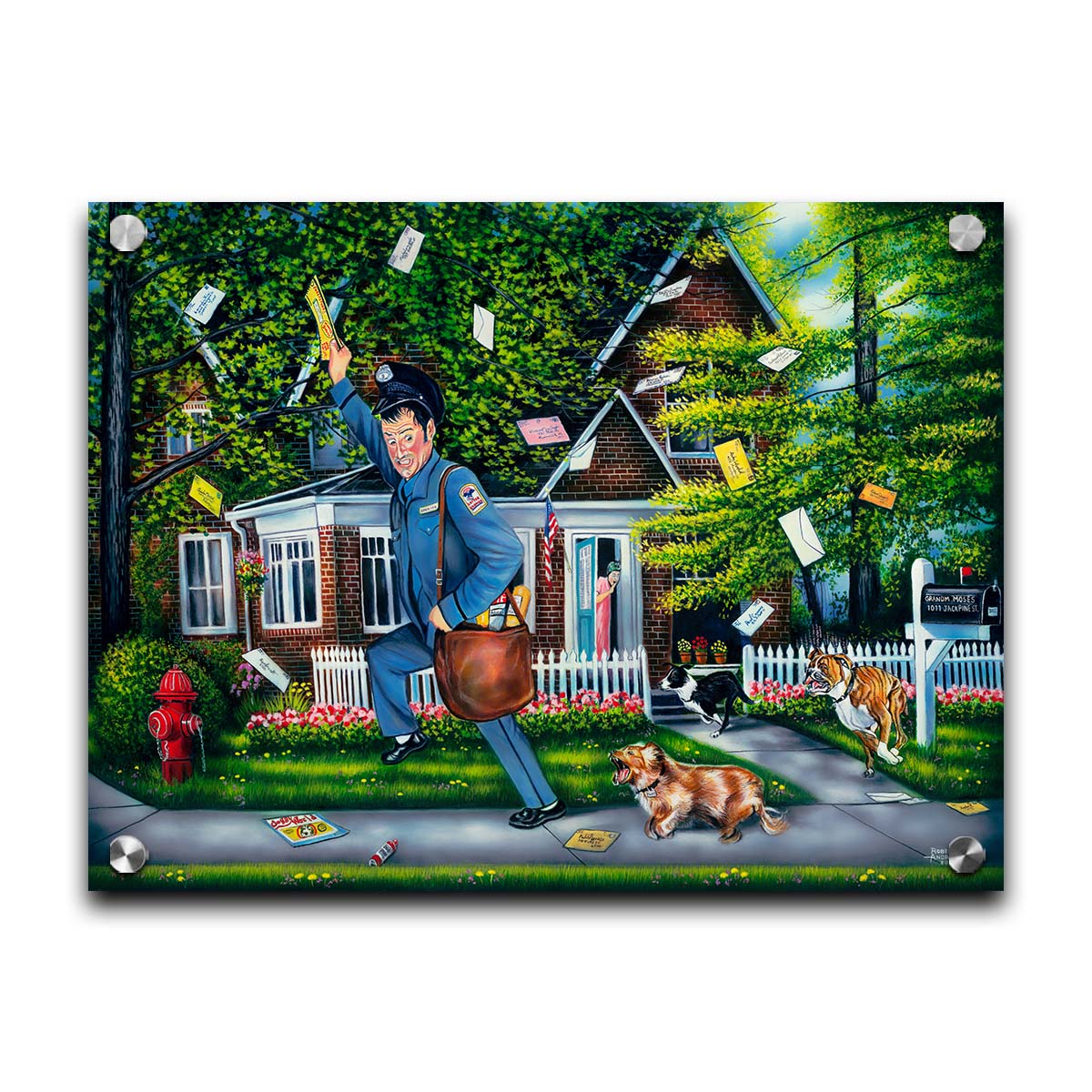 A humorous painting of a mailman fleeing a house, pursued by three dogs. Their owner can be seen in the background, trying to recall the dogs. The mailman frantically grabs letters from the air, as they have gone flying through the air as he runs. Printed on acrylic.