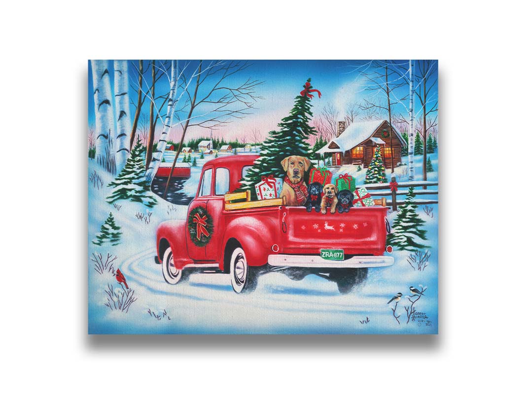 A painting of a little red pickup truck, carrying presents, a Christmas tree, and a family of puppies. It is drivng down a snowy path toward a cozy, inviting log cabin in the distance. Printed on canvas.