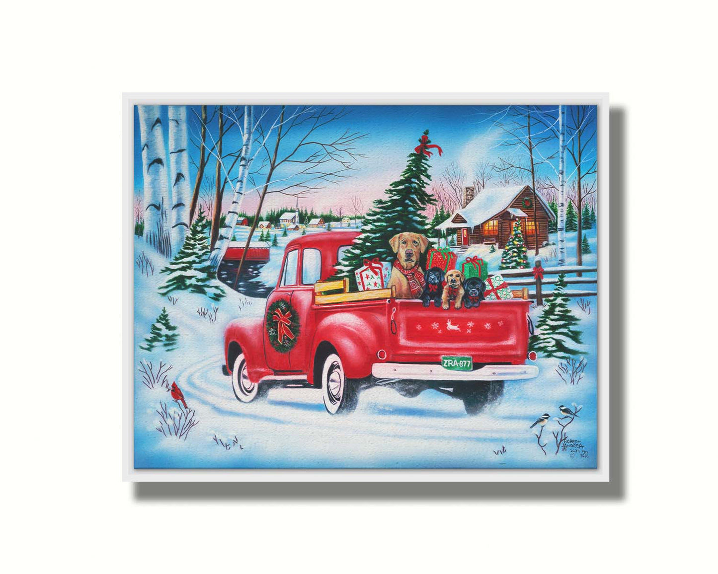 A painting of a little red pickup truck, carrying presents, a Christmas tree, and a family of puppies. It is drivng down a snowy path toward a cozy, inviting log cabin in the distance. Printed on canvas in a float frame.