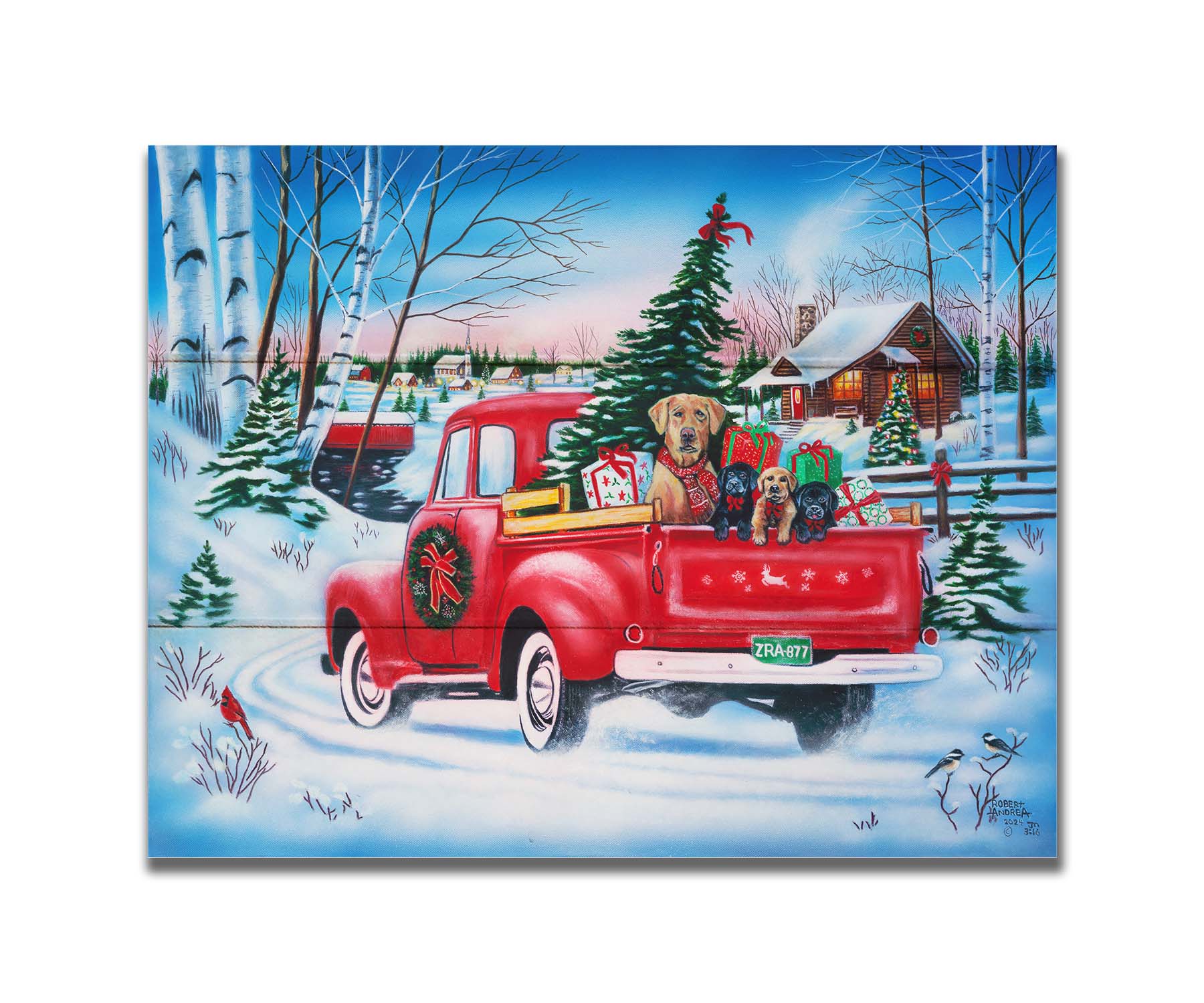 A painting of a little red pickup truck, carrying presents, a Christmas tree, and a family of puppies. It is drivng down a snowy path toward a cozy, inviting log cabin in the distance. Printed on a box board.