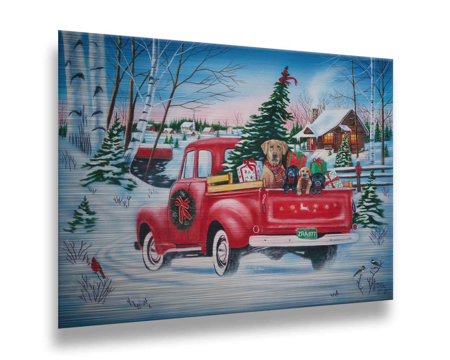 A painting of a little red pickup truck, carrying presents, a Christmas tree, and a family of puppies. It is drivng down a snowy path toward a cozy, inviting log cabin in the distance. Printed on metal.