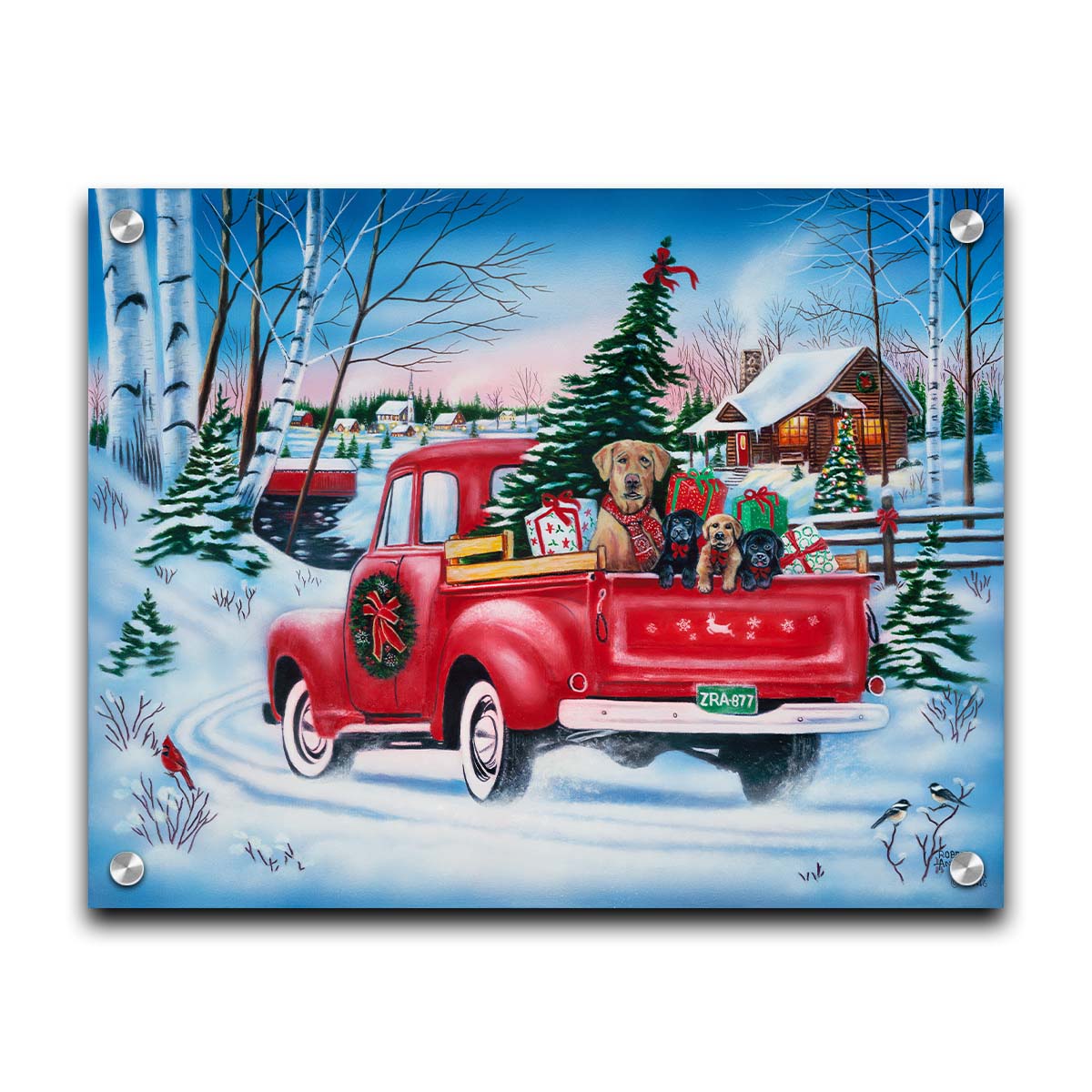 A painting of a little red pickup truck, carrying presents, a Christmas tree, and a family of puppies. It is drivng down a snowy path toward a cozy, inviting log cabin in the distance. Printed on acrylic.