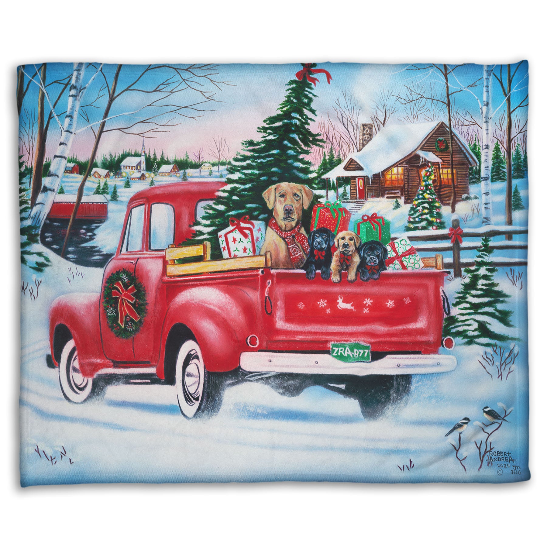 Festive blanket with a red truck carrying a Christmas tree, puppies, and presents in a snowy village scene.