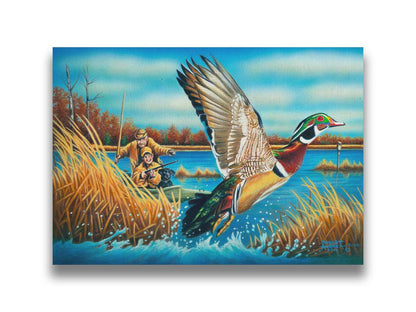 A painting of a wood duck taking flight off the water, after being startled by two approaching hunters in a kayak. Printed on canvas.