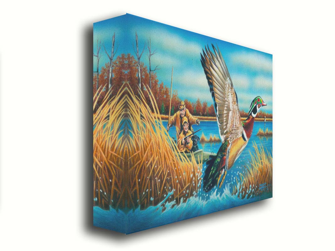 A painting of a wood duck taking flight off the water, after being startled by two approaching hunters in a kayak. Printed on canvas.