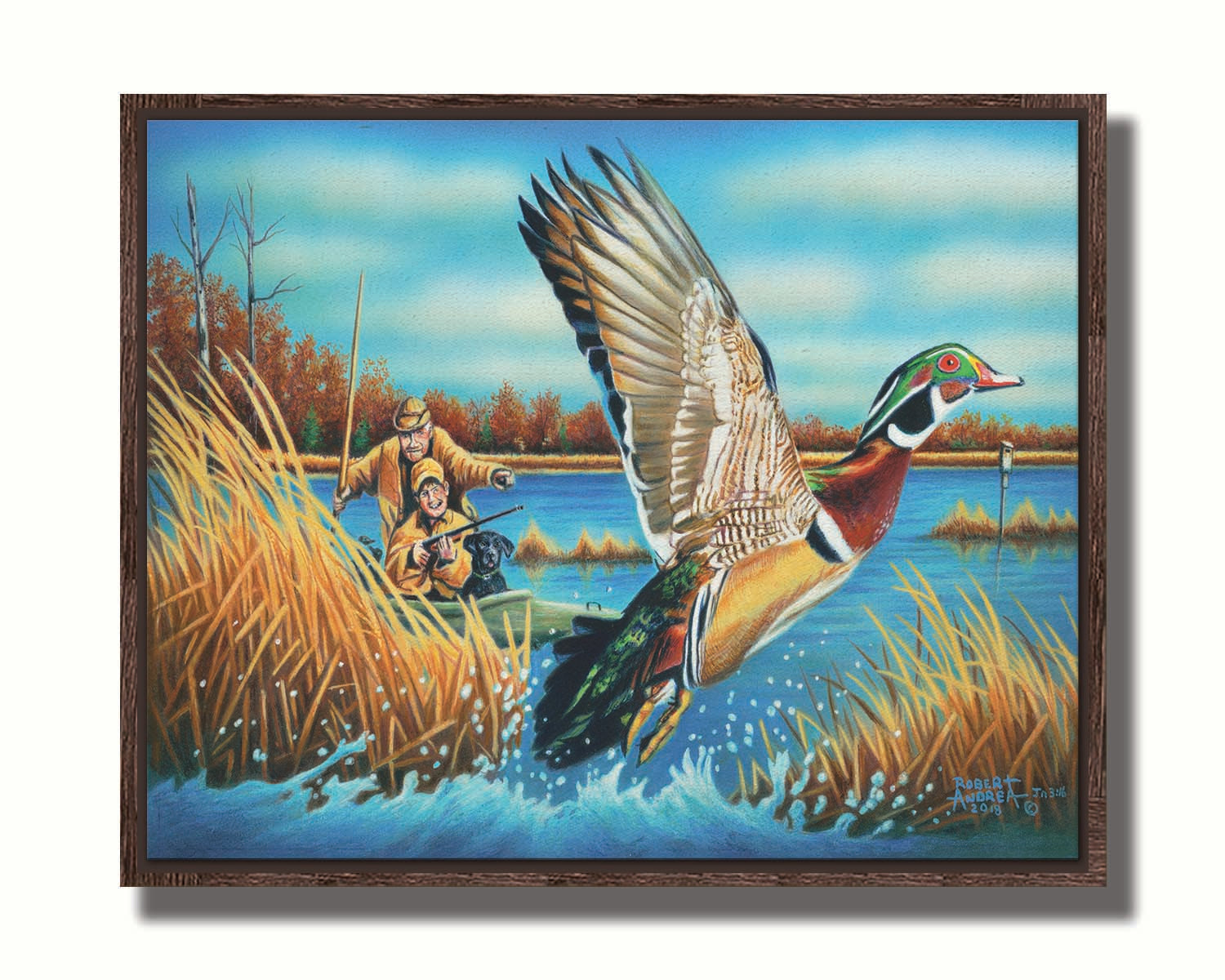 A painting of a wood duck taking flight off the water, after being startled by two approaching hunters in a kayak. Printed on canvas in a float frame.