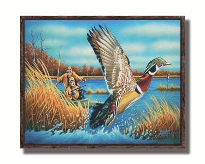 A painting of a wood duck taking flight off the water, after being startled by two approaching hunters in a kayak. Printed on canvas in a float frame.