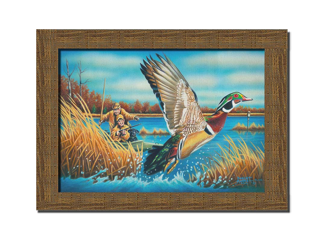 A painting of a wood duck taking flight off the water, after being startled by two approaching hunters in a kayak. Printed on canvas and framed.