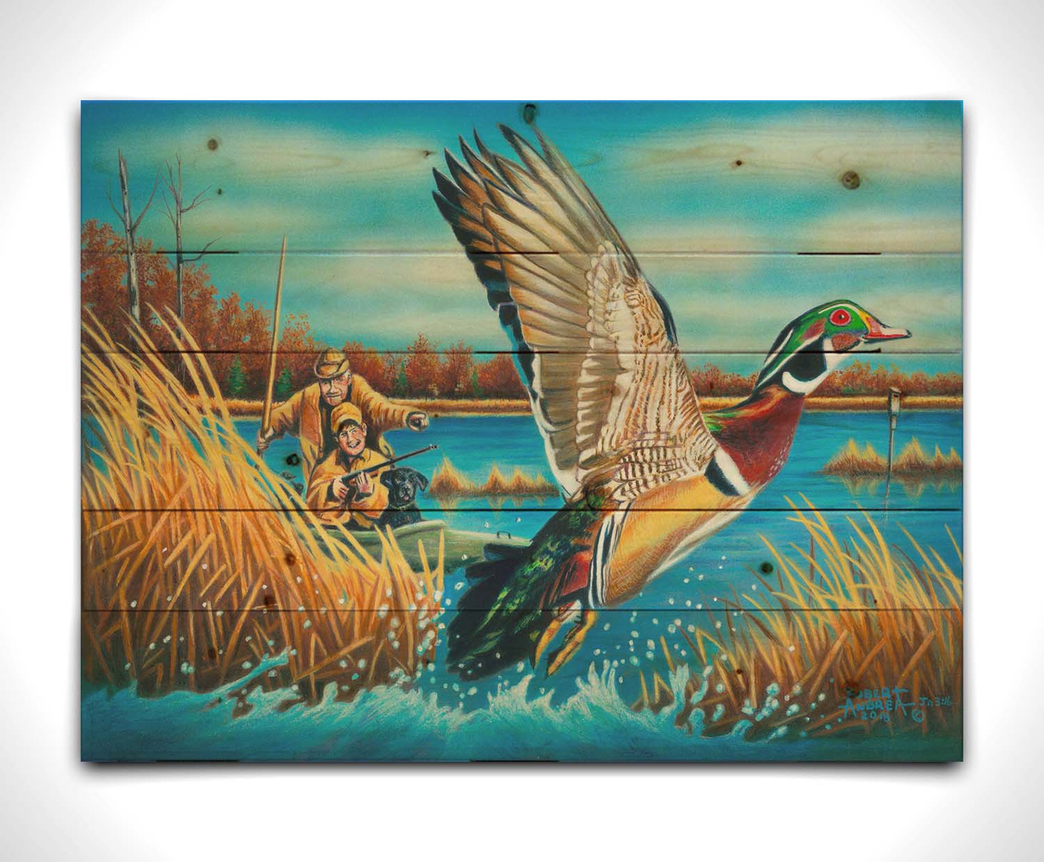 A painting of a wood duck taking flight off the water, after being startled by two approaching hunters in a kayak. Printed on a wood pallet.