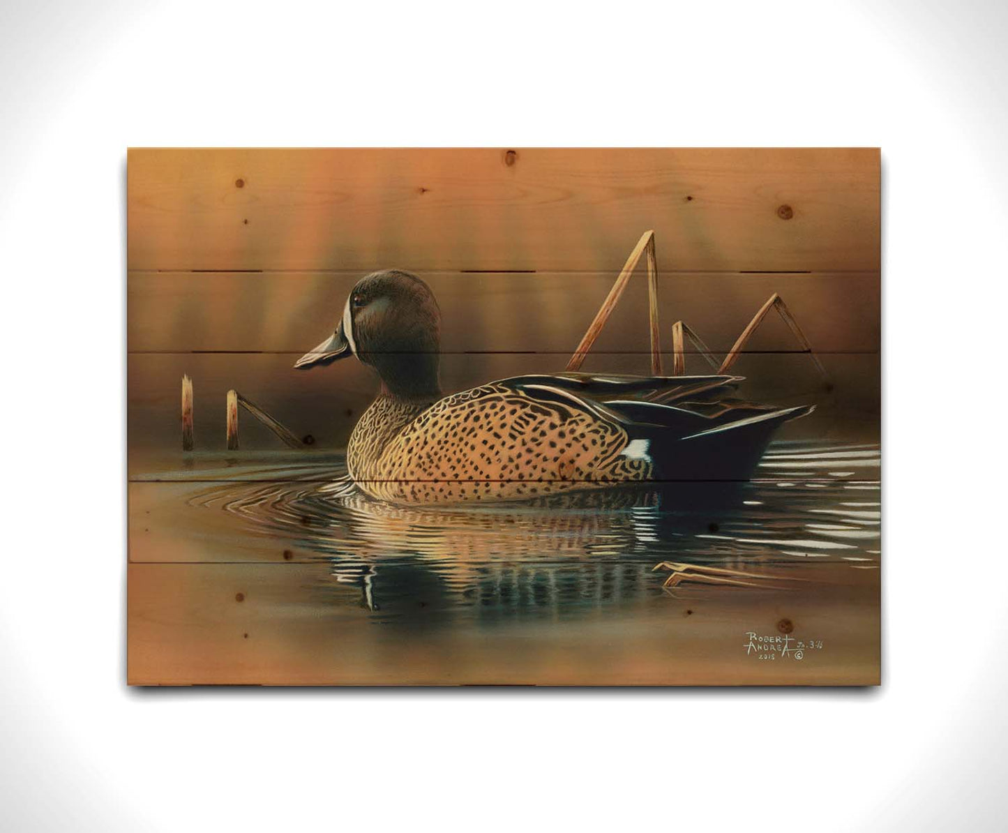 A painting of a blue-winged teal waterfowl, swimming across the water past seeral brown reeds. Printed on a wood pallet.