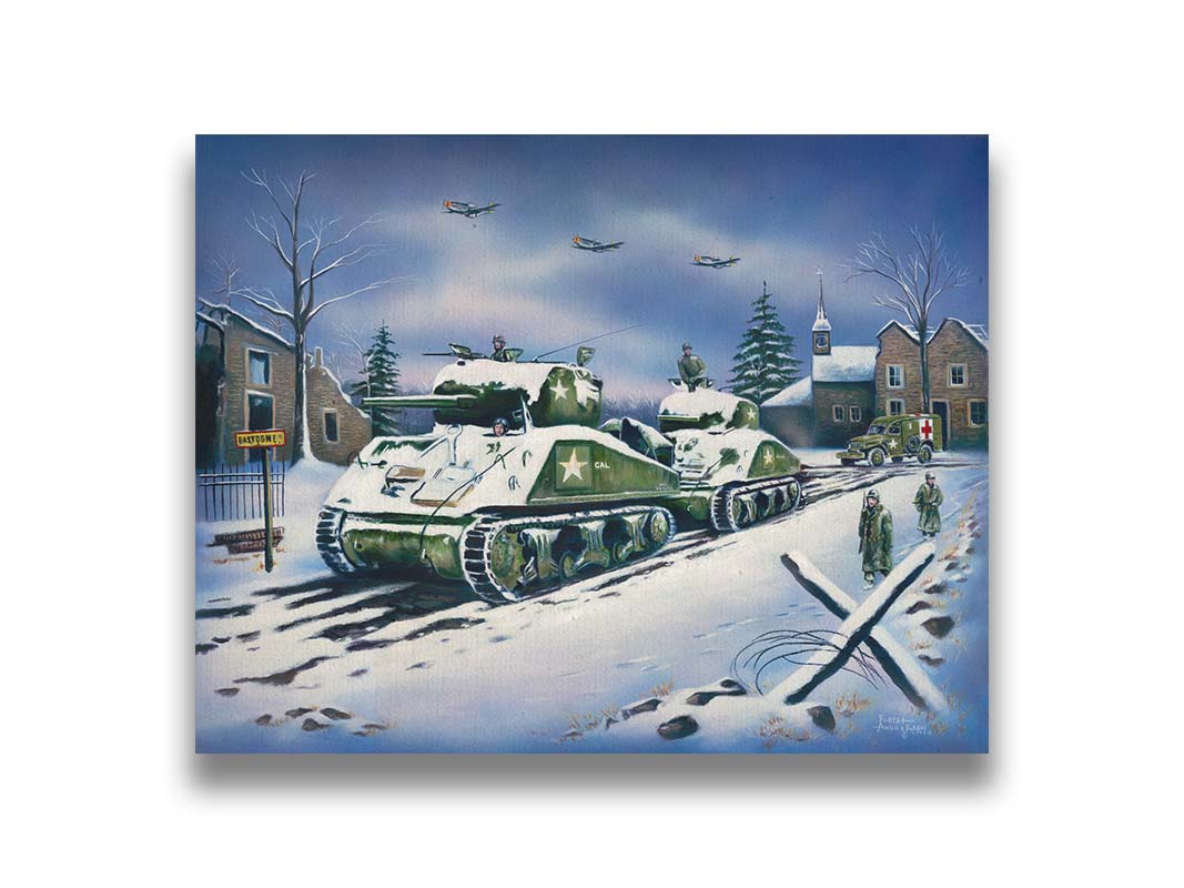 A painting of a line of Sherman tanks in Bastogne, Belgium. Allied soldiers walk alongside the tanks through the snow, and planes fly overhead. Printed on canvas.