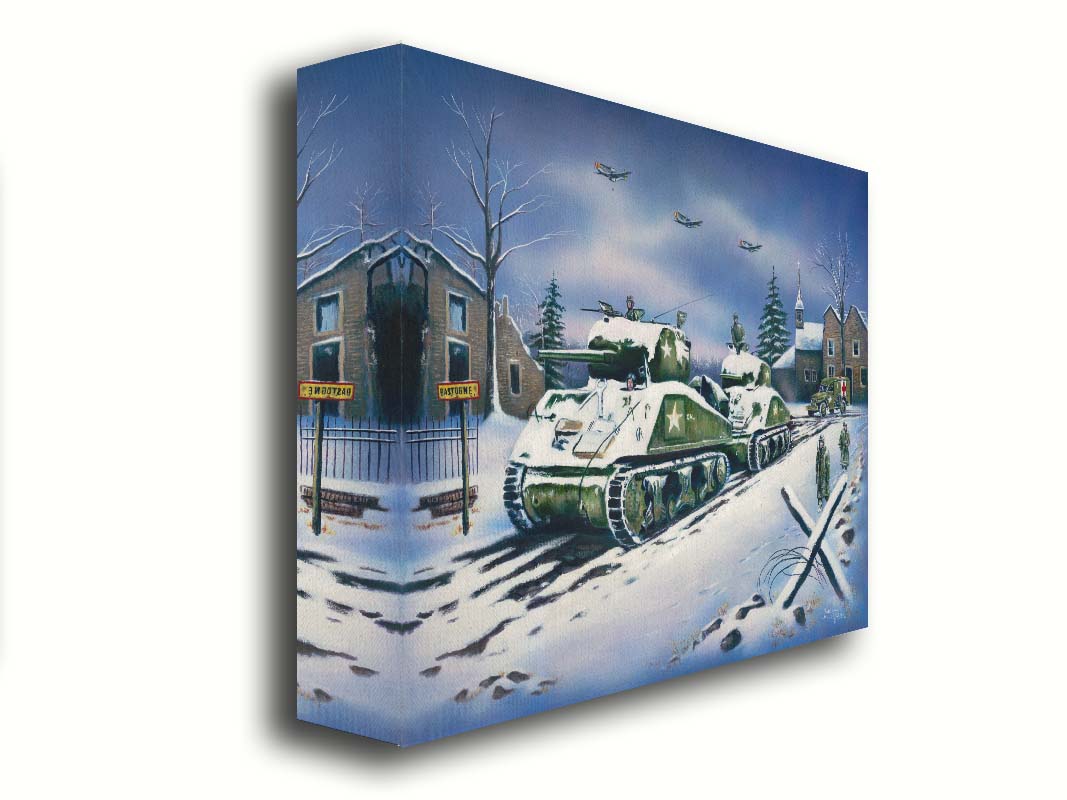 A painting of a line of Sherman tanks in Bastogne, Belgium. Allied soldiers walk alongside the tanks through the snow, and planes fly overhead. Printed on canvas.