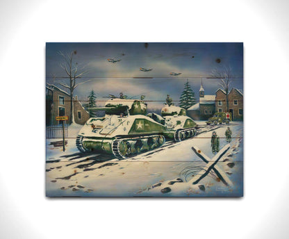 A painting of a line of Sherman tanks in Bastogne, Belgium. Allied soldiers walk alongside the tanks through the snow, and planes fly overhead. Printed on a wood pallet.