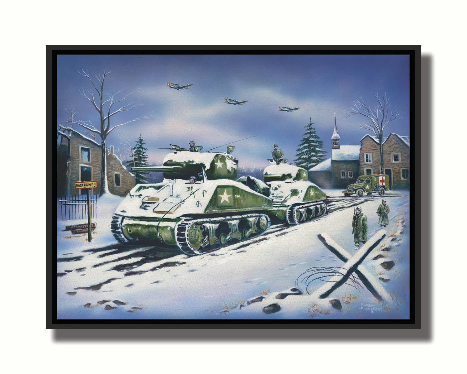 A painting of a line of Sherman tanks in Bastogne, Belgium. Allied soldiers walk alongside the tanks through the snow, and planes fly overhead. Printed on canvas in a float frame.