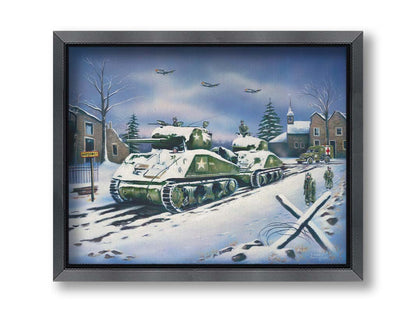 A painting of a line of Sherman tanks in Bastogne, Belgium. Allied soldiers walk alongside the tanks through the snow, and planes fly overhead. Printed on canvas and framed.