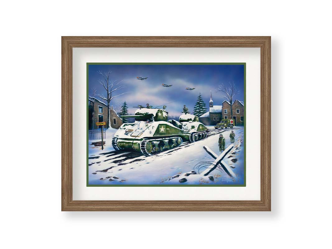 A painting of a line of Sherman tanks in Bastogne, Belgium. Allied soldiers walk alongside the tanks through the snow, and planes fly overhead. Printed on paper, matted, and framed.