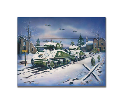 A painting of a line of Sherman tanks in Bastogne, Belgium. Allied soldiers walk alongside the tanks through the snow, and planes fly overhead. Printed on a box board.