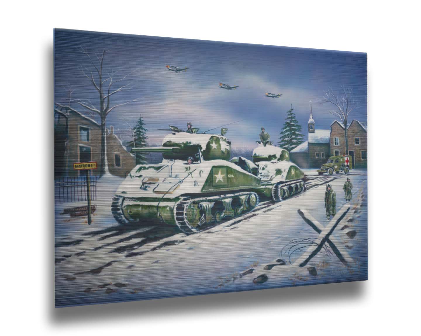 A painting of a line of Sherman tanks in Bastogne, Belgium. Allied soldiers walk alongside the tanks through the snow, and planes fly overhead. Printed on metal.